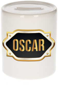 Bellatio Decorations Spaarpot met voornaam Oscar - wit - goud/zwart embleem - 8 x 9 cm - keramiek - afsluitdop Multi