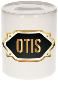Bellatio Decorations Spaarpot met voornaam Otis - wit - goud/zwart embleem - 8 x 9 cm - keramiek - afsluitdop Multi