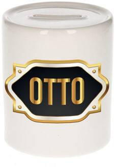 Bellatio Decorations Spaarpot met voornaam Otto - wit - goud/zwart embleem - 8 x 9 cm - keramiek - afsluitdop