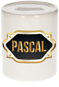 Bellatio Decorations Spaarpot met voornaam Pascal - wit - goud/zwart embleem - 8 x 9 cm - keramiek - afsluitdop
