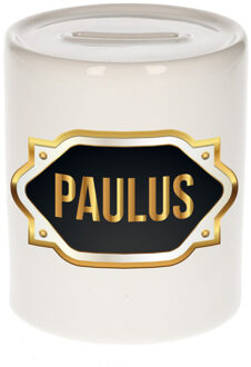 Bellatio Decorations Spaarpot met voornaam Paulus - wit - goud/zwart embleem - 8 x 9 cm - keramiek - afsluitdop