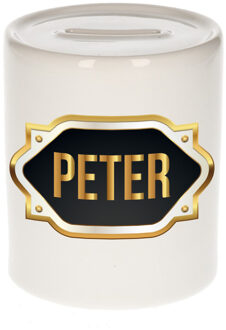 Bellatio Decorations Spaarpot met voornaam Peter - wit - goud/zwart embleem - 8 x 9 cm - keramiek - afsluitdop