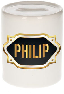 Bellatio Decorations Spaarpot met voornaam Philip - wit - goud/zwart embleem - 8 x 9 cm - keramiek - afsluitdop Multi