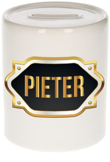 Bellatio Decorations Spaarpot met voornaam Pieter - wit - goud/zwart embleem - 8 x 9 cm - keramiek - afsluitdop
