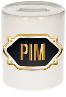 Bellatio Decorations Spaarpot met voornaam Pim - wit - goud/zwart embleem - 8 x 9 cm - keramiek - afsluitdop Multi