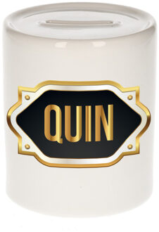 Bellatio Decorations Spaarpot met voornaam Quin - wit - goud/zwart embleem - 8 x 9 cm - keramiek - afsluitdop Multi
