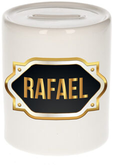 Bellatio Decorations Spaarpot met voornaam Rafael - wit - goud/zwart embleem - 8 x 9 cm - keramiek - afsluitdop Multi