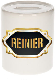 Bellatio Decorations Spaarpot met voornaam Reinier - wit - goud/zwart embleem - 8 x 9 cm - keramiek - afsluitdop Multi