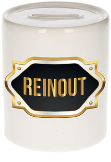 Bellatio Decorations Spaarpot met voornaam Reinout - wit - goud/zwart embleem - 8 x 9 cm - keramiek - afsluitdop