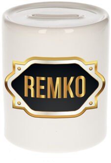 Bellatio Decorations Spaarpot met voornaam Remko - wit - goud/zwart embleem - 8 x 9 cm - keramiek - afsluitdop