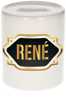 Bellatio Decorations Spaarpot met voornaam Rene - wit - goud/zwart embleem - 8 x 9 cm - keramiek - afsluitdop Multi