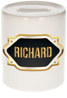 Bellatio Decorations Spaarpot met voornaam Richard - wit - goud/zwart embleem - 8 x 9 cm - keramiek - afsluitdop