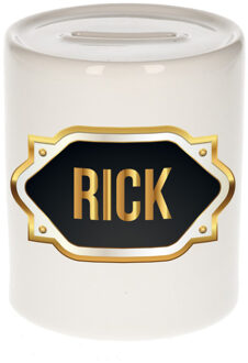 Bellatio Decorations Spaarpot met voornaam Rick - wit - goud/zwart embleem - 8 x 9 cm - keramiek - afsluitdop