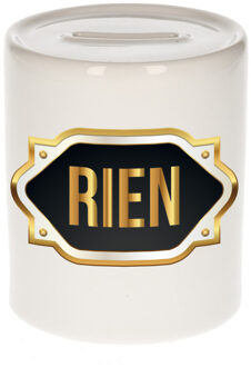 Bellatio Decorations Spaarpot met voornaam Rien - wit - goud/zwart embleem - 8 x 9 cm - keramiek - afsluitdop