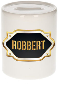 Bellatio Decorations Spaarpot met voornaam Robbert - wit - goud/zwart embleem - 8 x 9 cm - keramiek - afsluitdop Multi