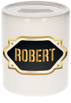 Bellatio Decorations Spaarpot met voornaam Robert - wit - goud/zwart embleem - 8 x 9 cm - keramiek - afsluitdop