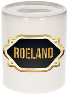 Bellatio Decorations Spaarpot met voornaam Roeland - wit - goud/zwart embleem - 8 x 9 cm - keramiek - afsluitdop