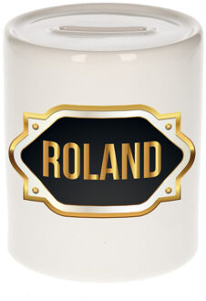 Bellatio Decorations Spaarpot met voornaam Roland - wit - goud/zwart embleem - 8 x 9 cm - keramiek - afsluitdop