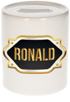Bellatio Decorations Spaarpot met voornaam Ronald - wit - goud/zwart embleem - 8 x 9 cm - keramiek - afsluitdop Multi