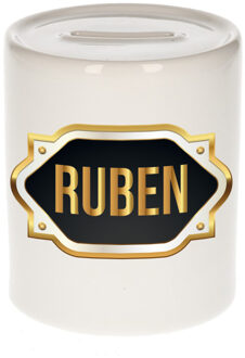 Bellatio Decorations Spaarpot met voornaam Ruben - wit - goud/zwart embleem - 8 x 9 cm - keramiek - afsluitdop
