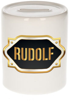 Bellatio Decorations Spaarpot met voornaam Rudolf - wit - goud/zwart embleem - 8 x 9 cm - keramiek - afsluitdop