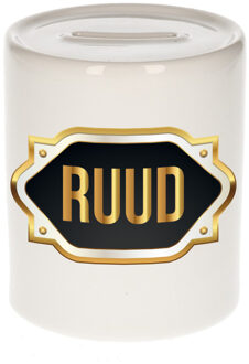 Bellatio Decorations Spaarpot met voornaam Ruud - wit - goud/zwart embleem - 8 x 9 cm - keramiek - afsluitdop