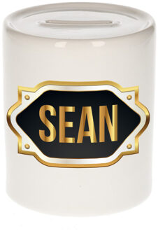 Bellatio Decorations Spaarpot met voornaam Sean - wit - goud/zwart embleem - 8 x 9 cm - keramiek - afsluitdop Multi