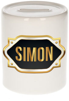 Bellatio Decorations Spaarpot met voornaam Simon - wit - goud/zwart embleem - 8 x 9 cm - keramiek - afsluitdop Multi