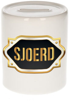 Bellatio Decorations Spaarpot met voornaam Sjoerd - wit - goud/zwart embleem - 8 x 9 cm - keramiek - afsluitdop Multi
