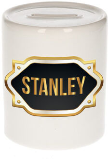 Bellatio Decorations Spaarpot met voornaam Stanley - wit - goud/zwart embleem - 8 x 9 cm - keramiek - afsluitdop
