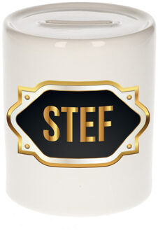 Bellatio Decorations Spaarpot met voornaam Stef - wit - goud/zwart embleem - 8 x 9 cm - keramiek - afsluitdop