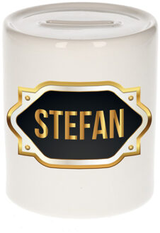 Bellatio Decorations Spaarpot met voornaam Stefan - wit - goud/zwart embleem - 8 x 9 cm - keramiek - afsluitdop
