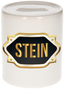 Bellatio Decorations Spaarpot met voornaam Stein - wit - goud/zwart embleem - 8 x 9 cm - keramiek - afsluitdop Multi