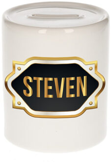 Bellatio Decorations Spaarpot met voornaam Steven - wit - goud/zwart embleem - 8 x 9 cm - keramiek - afsluitdop