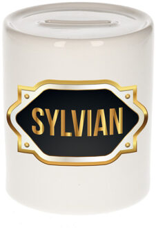 Bellatio Decorations Spaarpot met voornaam Sylvian - wit - goud/zwart embleem - 8 x 9 cm - keramiek - afsluitdop Multi