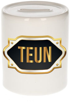 Bellatio Decorations Spaarpot met voornaam Teun - wit - goud/zwart embleem - 8 x 9 cm - keramiek - afsluitdop Multi