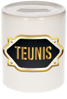 Bellatio Decorations Spaarpot met voornaam Teunis - wit - goud/zwart embleem - 8 x 9 cm - keramiek - afsluitdop