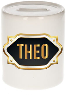 Bellatio Decorations Spaarpot met voornaam Theo - wit - goud/zwart embleem - 8 x 9 cm - keramiek - afsluitdop Multi