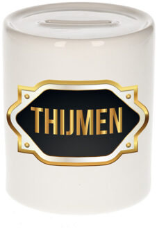 Bellatio Decorations Spaarpot met voornaam Thijmen - wit - goud/zwart embleem - 8 x 9 cm - keramiek - afsluitdop