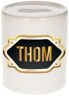 Bellatio Decorations Spaarpot met voornaam Thom - wit - goud/zwart embleem - 8 x 9 cm - keramiek - afsluitdop