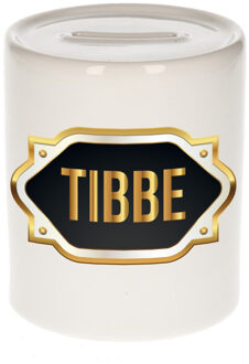 Bellatio Decorations Spaarpot met voornaam Tibbe - wit - goud/zwart embleem - 8 x 9 cm - keramiek - afsluitdop Multi