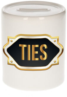 Bellatio Decorations Spaarpot met voornaam Ties - wit - goud/zwart embleem - 8 x 9 cm - keramiek - afsluitdop Multi