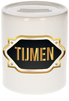 Bellatio Decorations Spaarpot met voornaam Tijmen - wit - goud/zwart embleem - 8 x 9 cm - keramiek - afsluitdop