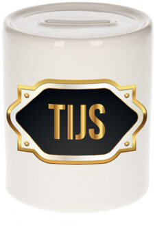 Bellatio Decorations Spaarpot met voornaam Tijs - wit - goud/zwart embleem - 8 x 9 cm - keramiek - afsluitdop