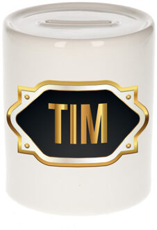 Bellatio Decorations Spaarpot met voornaam Tim - wit - goud/zwart embleem - 8 x 9 cm - keramiek - afsluitdop