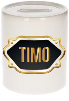 Bellatio Decorations Spaarpot met voornaam Timo - wit - goud/zwart embleem - 8 x 9 cm - keramiek - afsluitdop Multi
