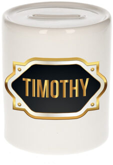Bellatio Decorations Spaarpot met voornaam Timothy - wit - goud/zwart embleem - 8 x 9 cm - keramiek - afsluitdop Multi