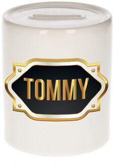 Bellatio Decorations Spaarpot met voornaam Tommy - wit - goud/zwart embleem - 8 x 9 cm - keramiek - afsluitdop Multi