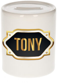 Bellatio Decorations Spaarpot met voornaam Tony - wit - goud/zwart embleem - 8 x 9 cm - keramiek - afsluitdop