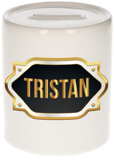 Bellatio Decorations Spaarpot met voornaam Tristan - wit - goud/zwart embleem - 8 x 9 cm - keramiek - afsluitdop Multi